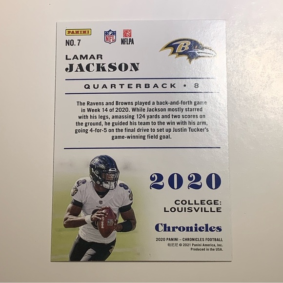 🏈 [4/$10] 2020 PANINI CHRONICLES - [BASE] #7 - LAMAR JACKSON NFL TRADING CARD🏈 - Picture 2 of 2